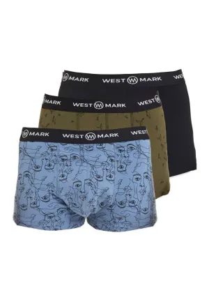 3'lü Lacivert Haki Mavi Desenli Rahat Fit Erkek Boxer Seti FOLLOW TRUNK