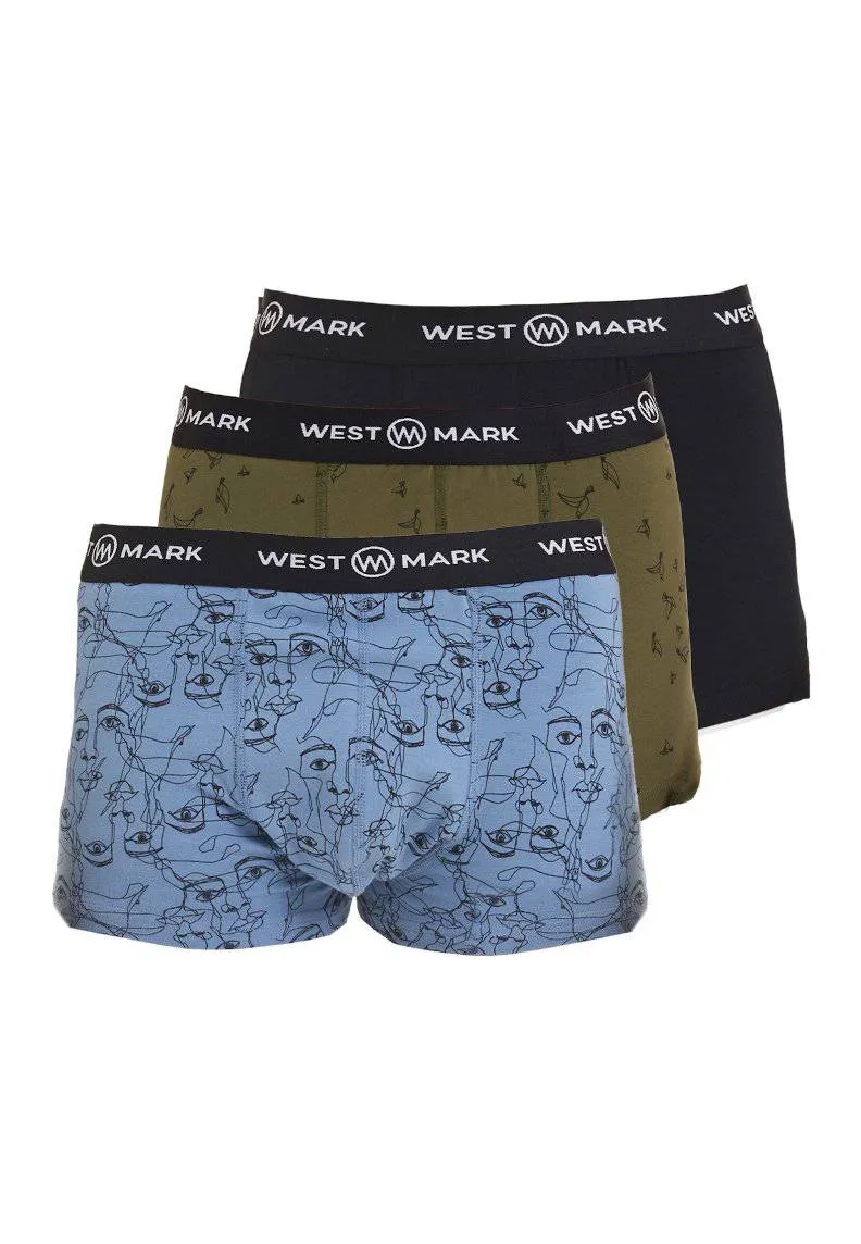 3'lü Lacivert Haki Mavi Desenli Rahat Fit Erkek Boxer Seti FOLLOW TRUNK