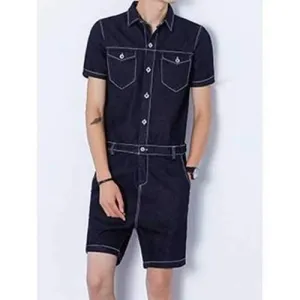 Back Zip Half Button Up Denim Romper - Black M