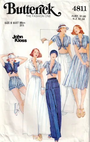 Butterick 4811 JOHN KLOSS Womens Midriff Shirt Pants Shorts & Maxi/Midi Skirt 1970s Vintage Sewing Pattern Size 8 Bust 31.5 inches
