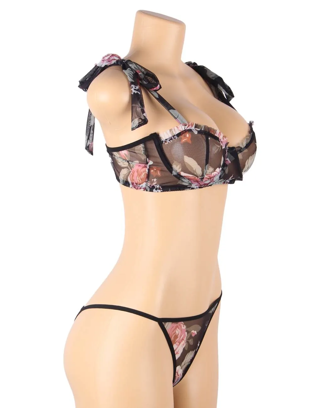 Floral Print Lace Bra Set With Underwire With Farawlaya