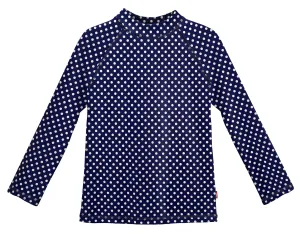 Girls UPF 50  Printed Long Sleeve Rashguard | Navy w- White Polka Dot