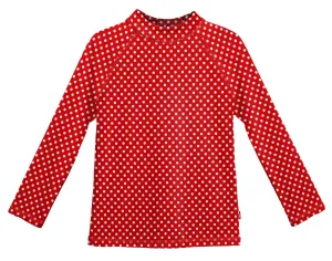 Girls UPF 50  Printed Long Sleeve Rashguard | Red w- White Polka Dot
