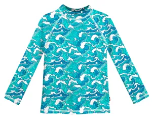 Girls UPF 50  Printed Long Sleeve Rashguard | Turq Waves