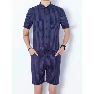 Half Button Up Striped Drawstring Romper - Blue Xl