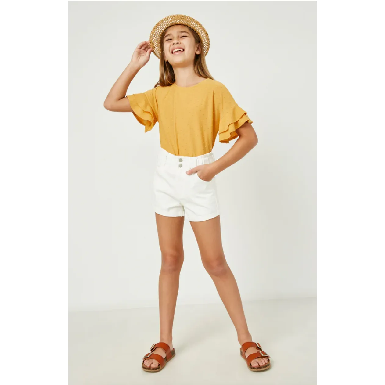 Hayden Girls High Waist Roll Up Denim Short- White Denim