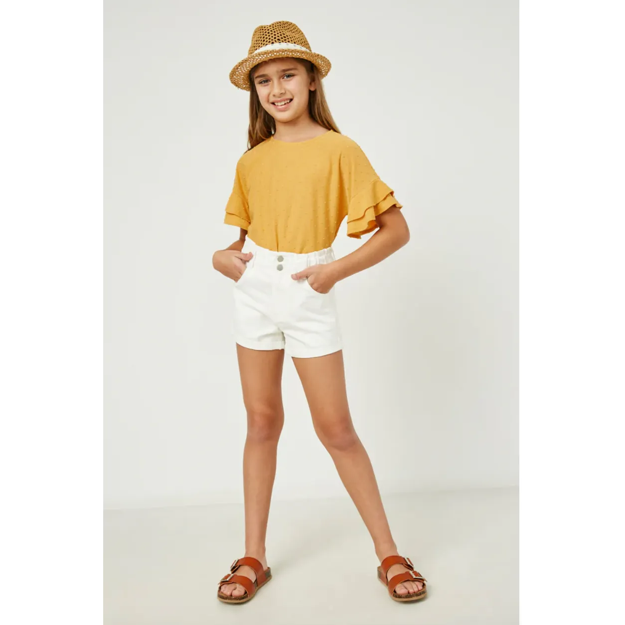 Hayden Girls High Waist Roll Up Denim Short- White Denim