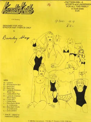 Kombi Knits 309 A Womens Mens & Kids One & Two Piece Swimsuits Underwear Leotards 1970s Vintage Sewing Pattern Sizes 8 - 24 UNCUT Factory Folded