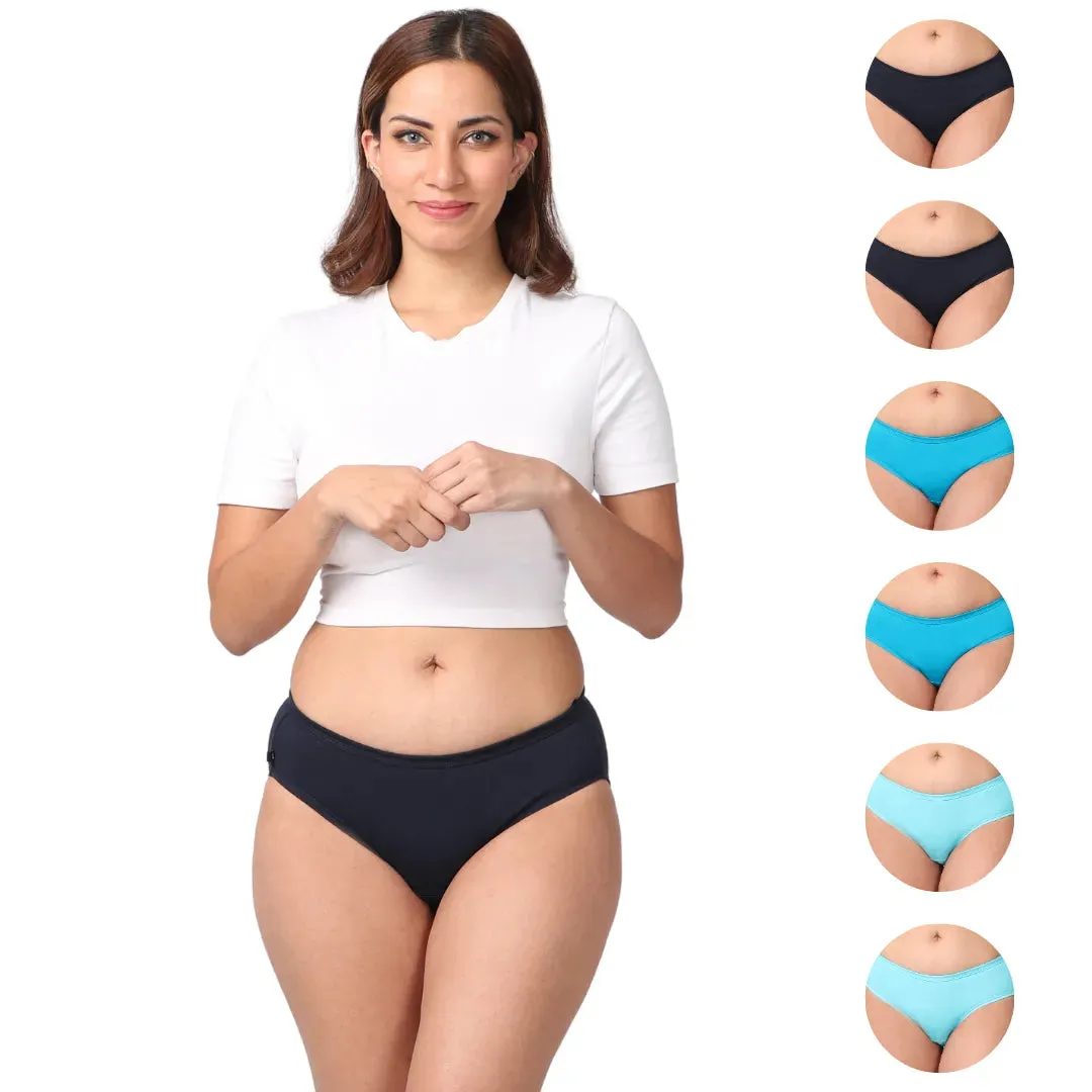 Mid Waist Cotton Underwear For Women | Full Hip Coverage | No Exposed Elastic At Waist & Thigh Round | Friction free | 6 Pack