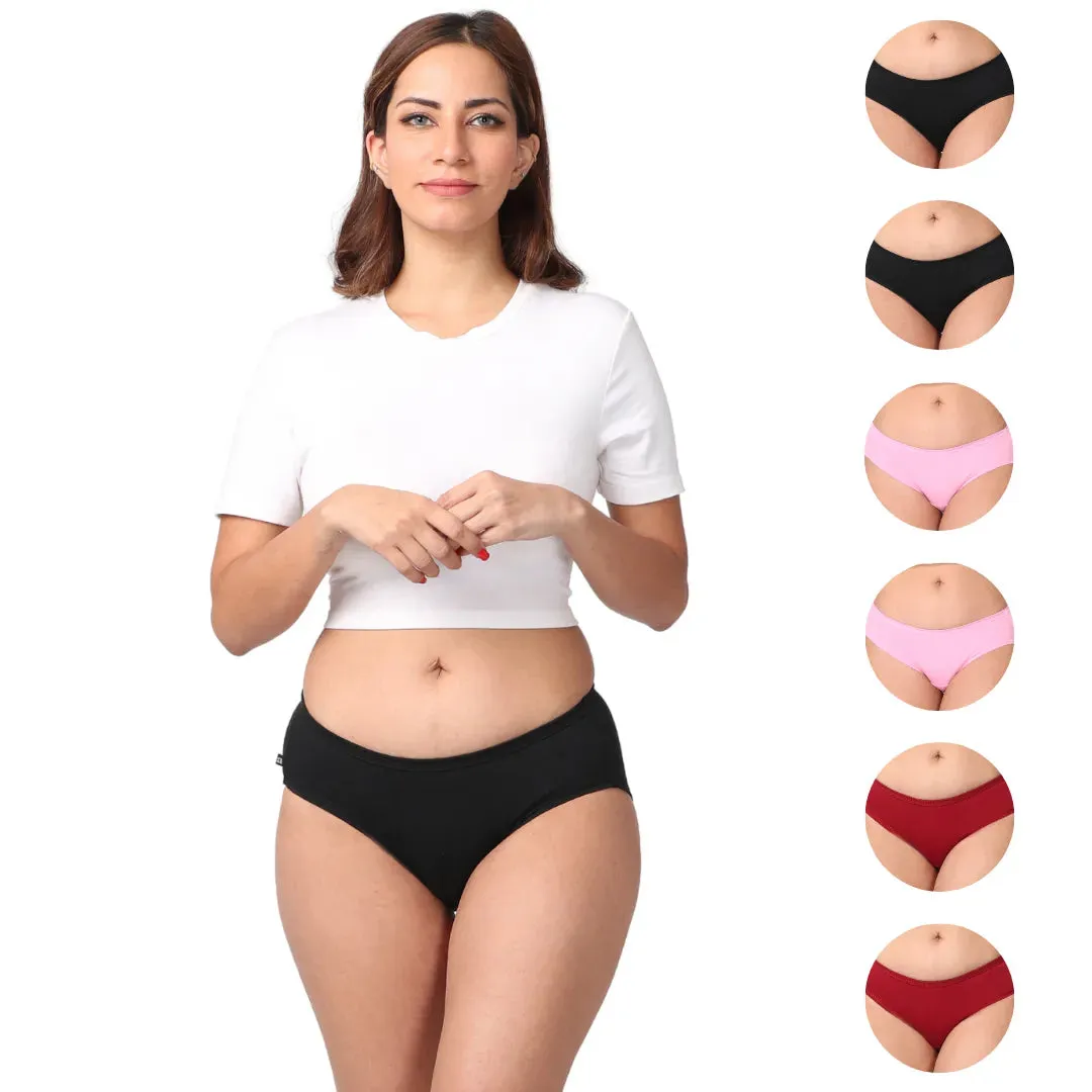 Mid Waist Cotton Underwear For Women | Full Hip Coverage | No Exposed Elastic At Waist & Thigh Round | Friction free | 6 Pack