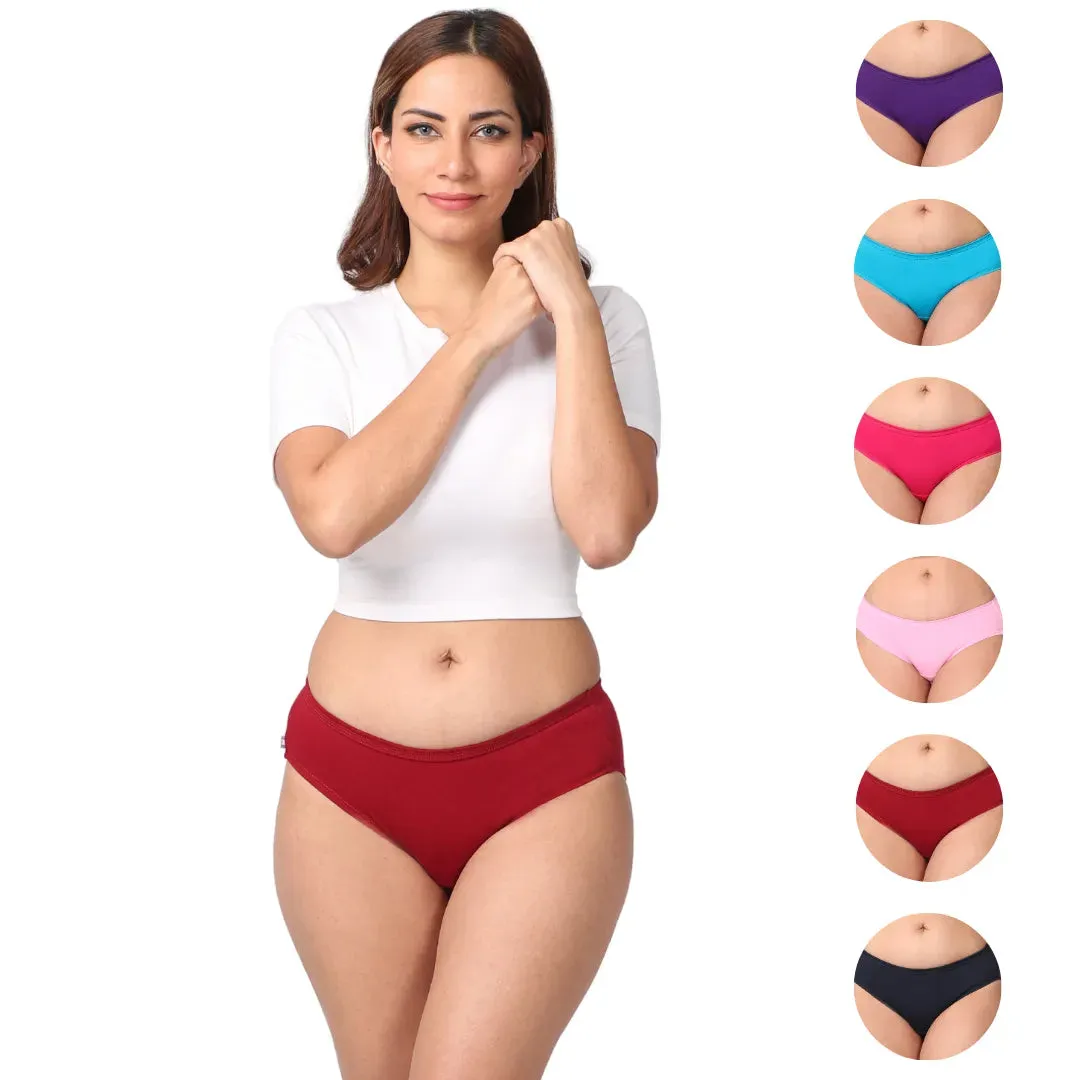 Mid Waist Cotton Underwear For Women | Full Hip Coverage | No Exposed Elastic At Waist & Thigh Round | Friction free | 6 Pack