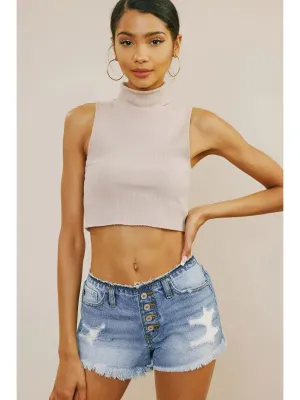 Mid Wash Distressed Button Up Shorts