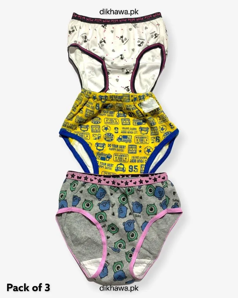 Pack of 3 Kids Panty Imported Stocklot Branded Girls Pure Cotton Printed Briefs Underwear Panty Combo