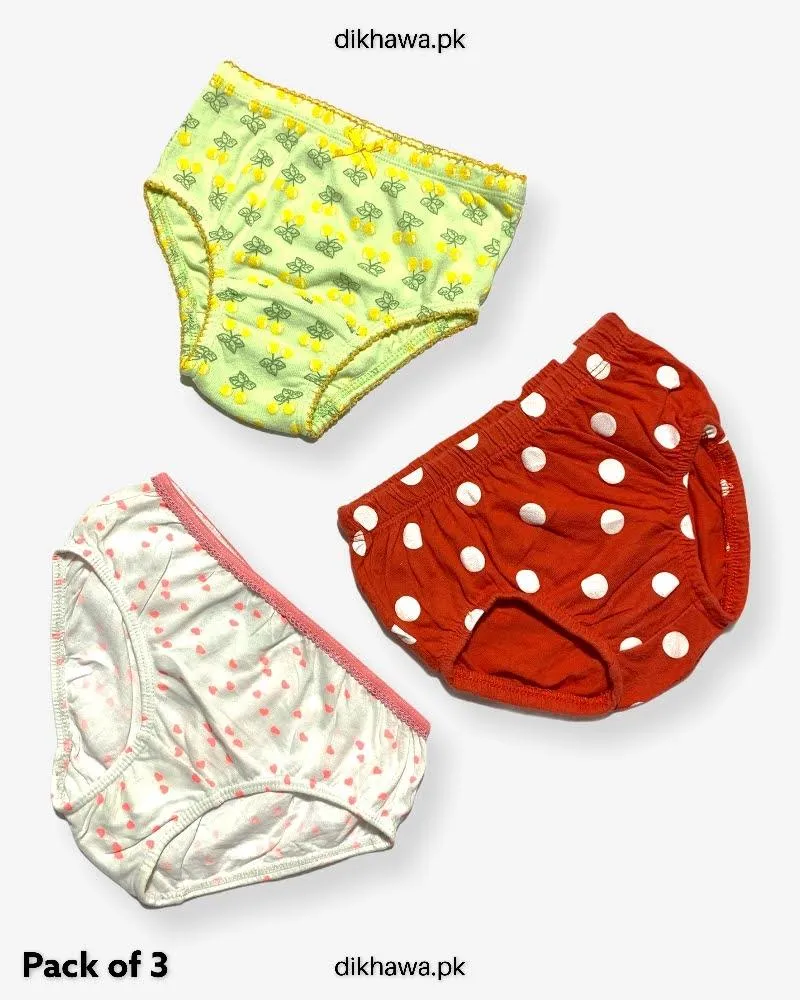 Pack of 3 Kids Panty Imported Stocklot Branded Girls Pure Cotton Printed Briefs Underwear Panty Combo