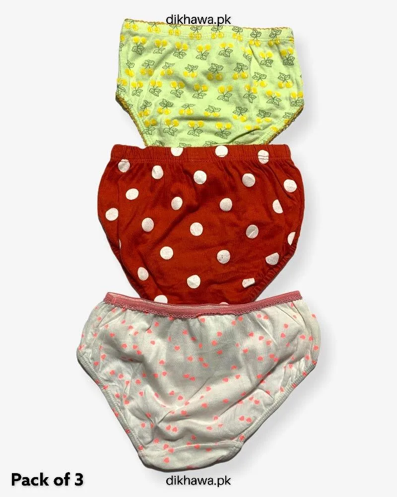 Pack of 3 Kids Panty Imported Stocklot Branded Girls Pure Cotton Printed Briefs Underwear Panty Combo