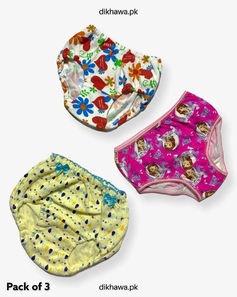 Pack of 3 Kids Panty Imported Stocklot Branded Girls Pure Cotton Printed Briefs Underwear Panty Combo