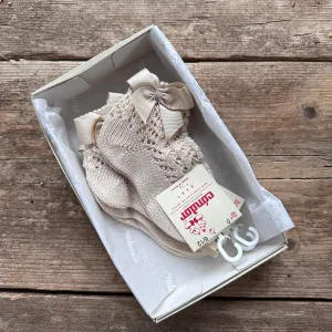 Perle Cotton Openwork Ankle Socks With Bow | Linen