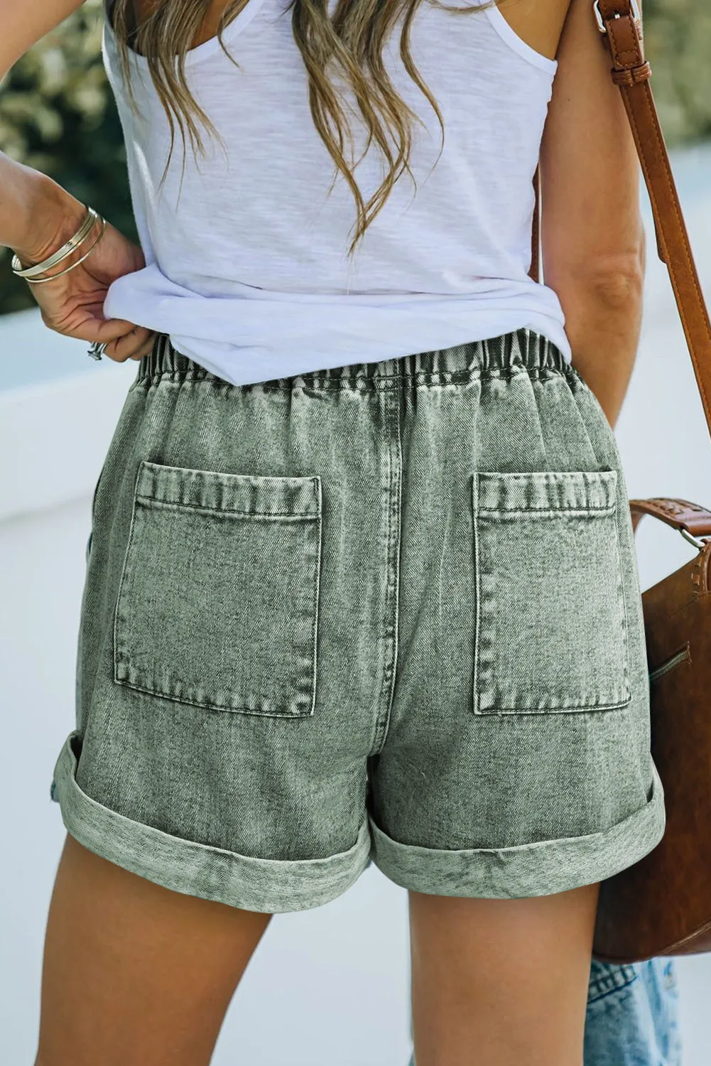 Pocketed Drawstring High Waist Denim Shorts