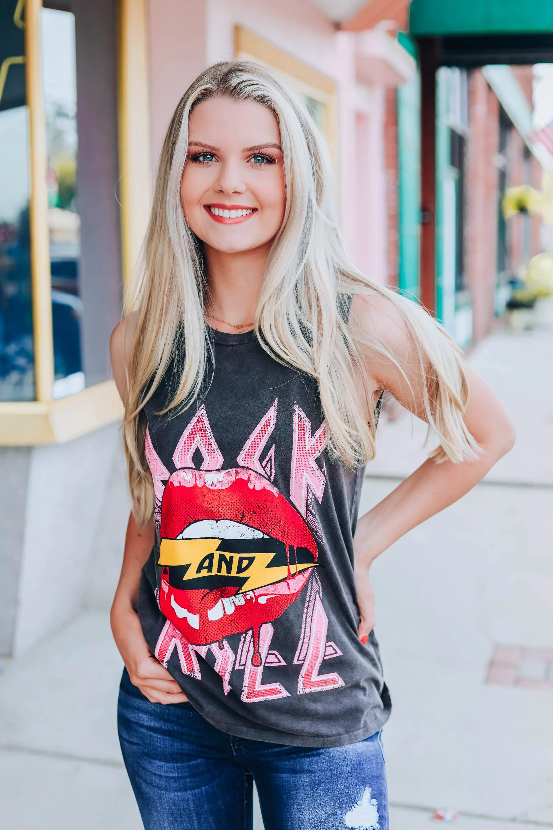 Rock & Roll Red Lippy Tank - Charcoal
