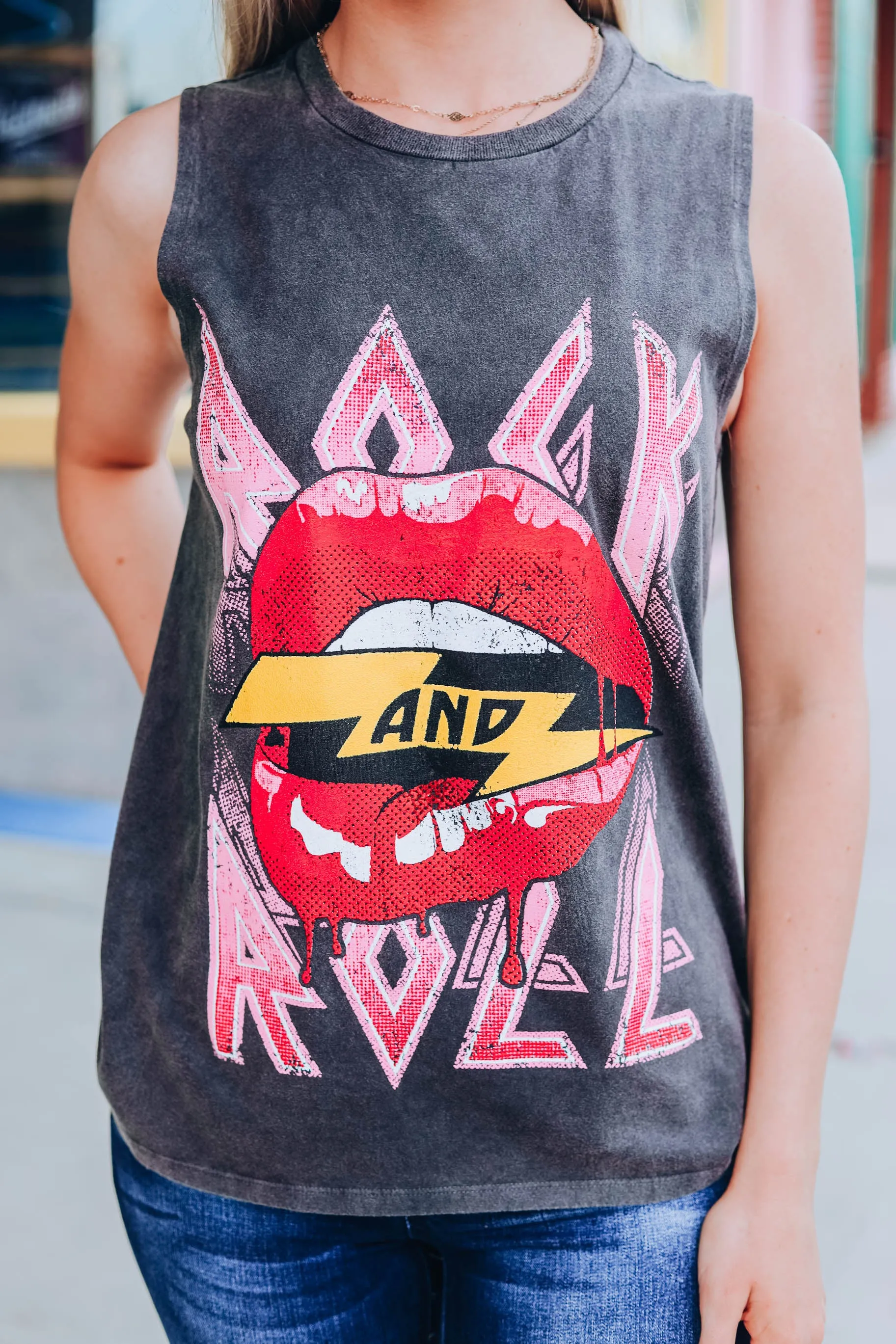 Rock & Roll Red Lippy Tank - Charcoal
