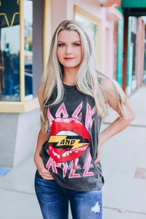 Rock & Roll Red Lippy Tank - Charcoal