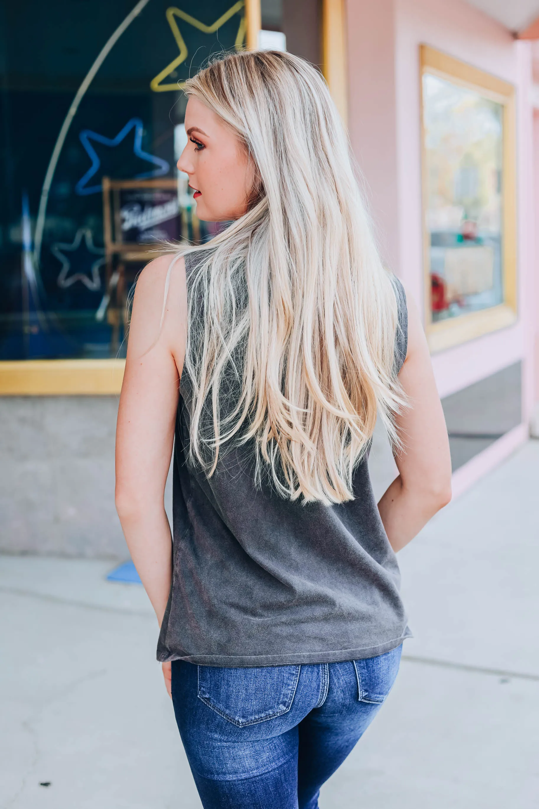 Rock & Roll Red Lippy Tank - Charcoal
