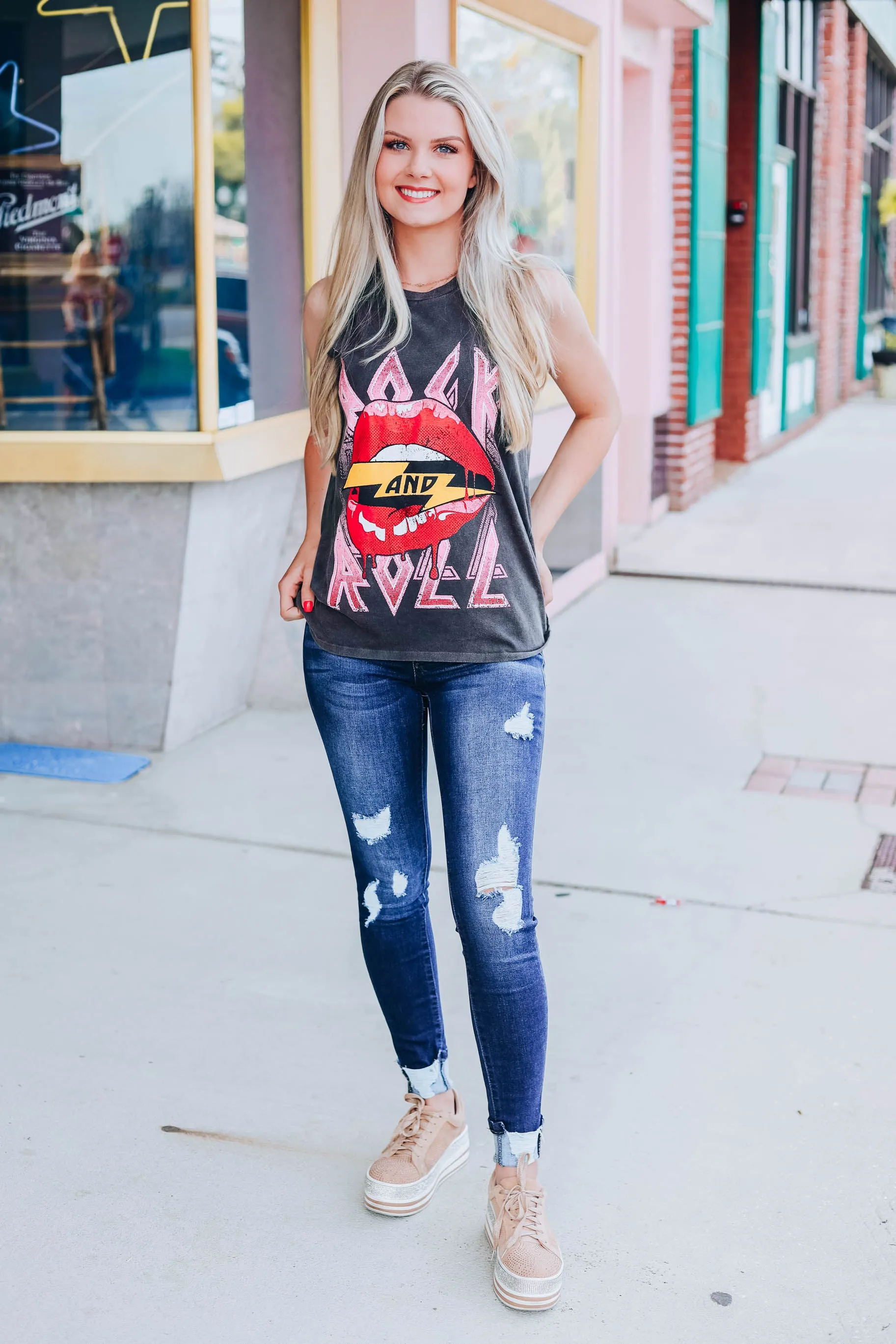 Rock & Roll Red Lippy Tank - Charcoal