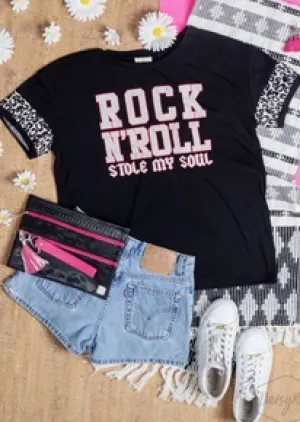 Rock N Roll - Black top with Leopard trim sleeves