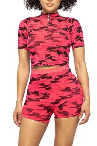SEAMLESS CAMO ZIP NECK CROP&SHORT SET(ST1090) <Bundle>