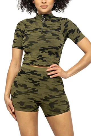 SEAMLESS CAMO ZIP NECK CROP&SHORT SET(ST1090) <Bundle>