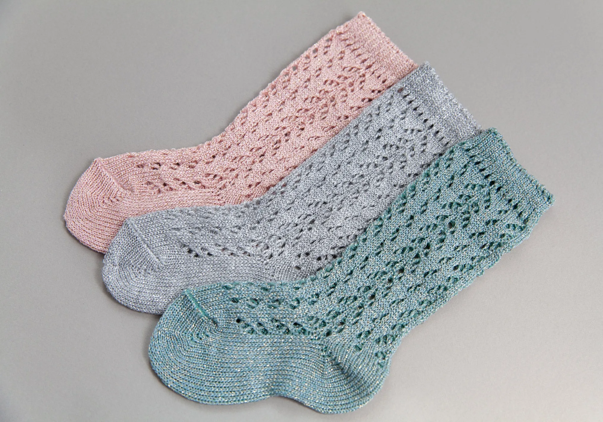 Shimmer Crochet Knee Socks, Champagne Rose