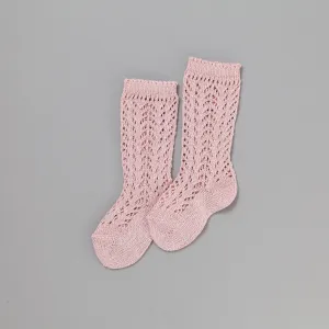 Shimmer Crochet Knee Socks, Champagne Rose
