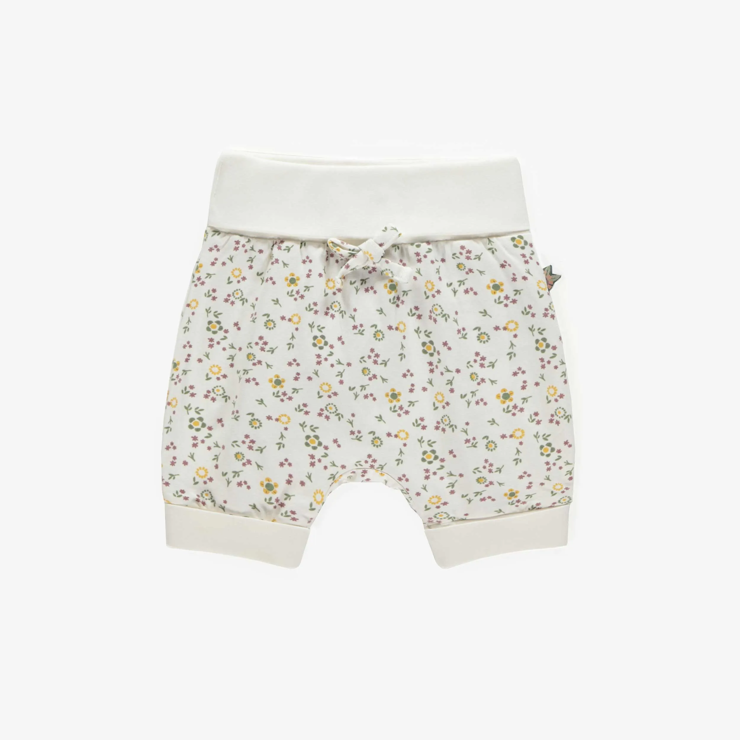 Short évolutif crème avec petites fleurs en coton extensible, bébé  || Evolutive cream shorts with small flowers in stretch cotton, baby
