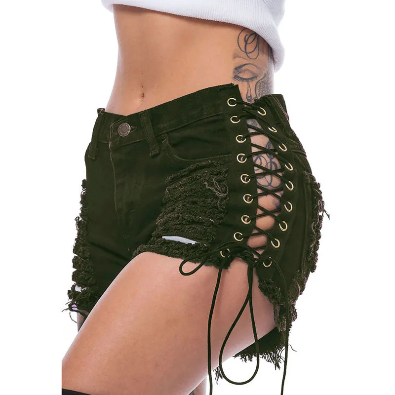 Solid Fringe Hem Lace Up Denim Shorts