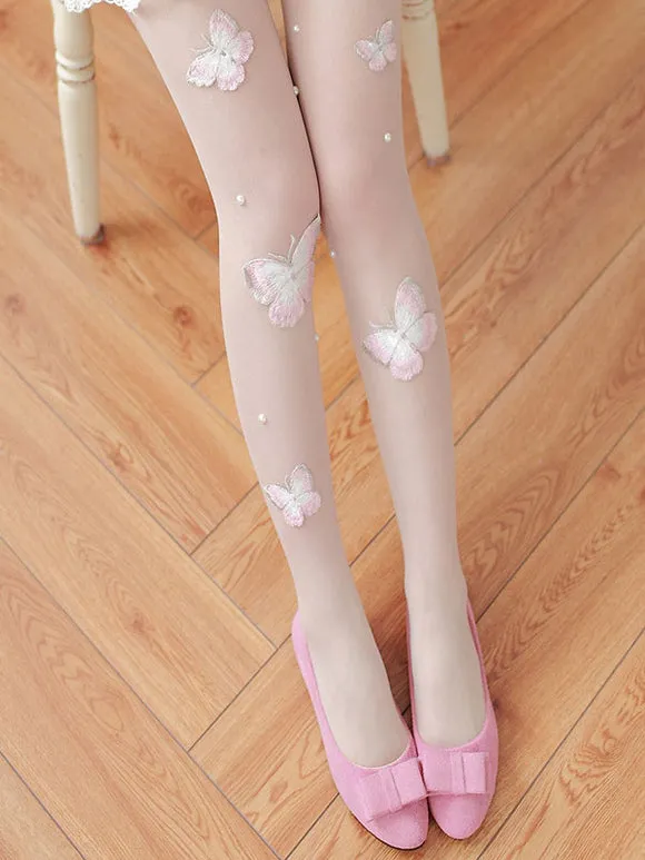 Sweet Lolita Stocking Nude Butterfly Embroidered Accessory Polyester Butterfly Pattern Lolita Accessories